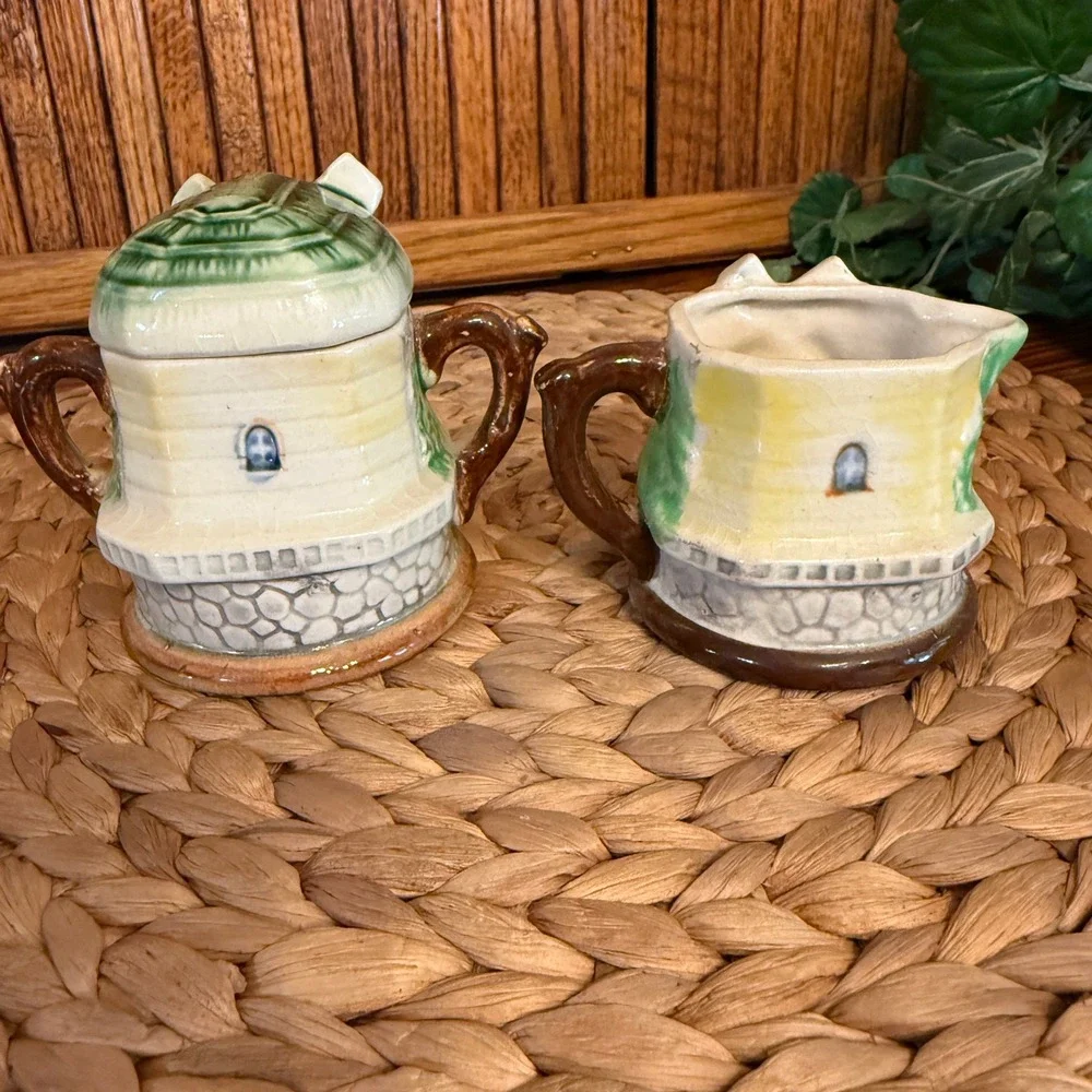 Vintage Dutch Windmill Ceramic Sugar Bowl and Creamer Set Japan Good 2pc